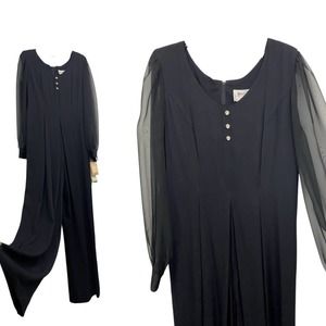 NWT 1990s Black Palazzo Jumpsuit with Sheer Long Sleeves / 10T Large Tall